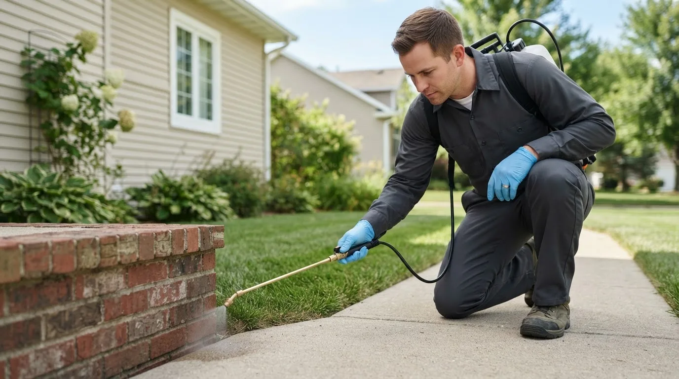 Pest control technician treating a home near Lake City, MN