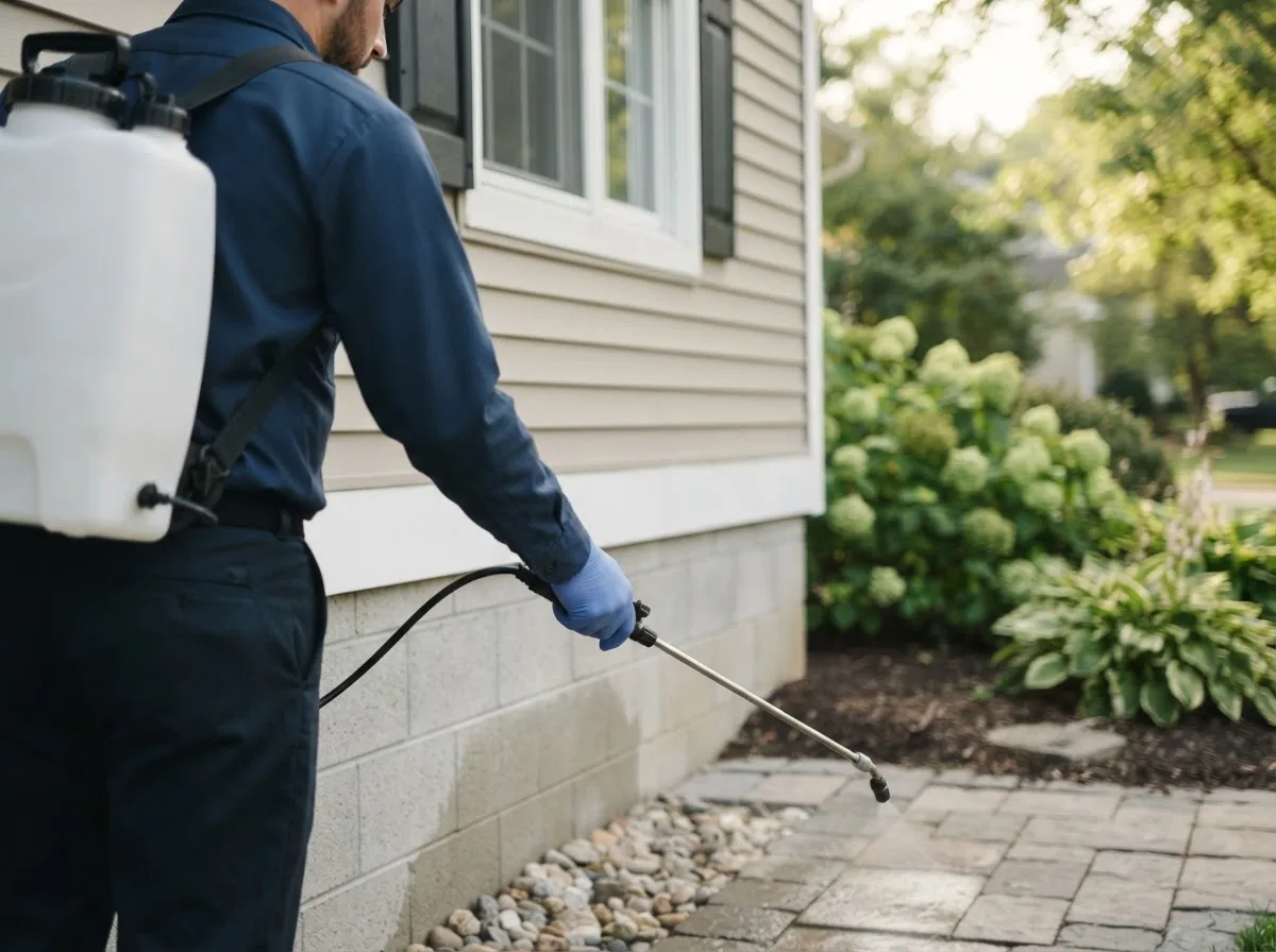 Pest control technician inspecting a home in Lake City, MN